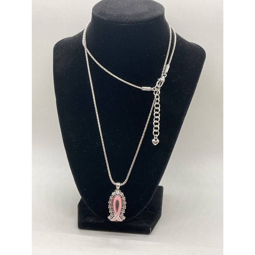 Brighton Silver-Plated Pink Ribbon Pendant Bagde Holder Long Necklace